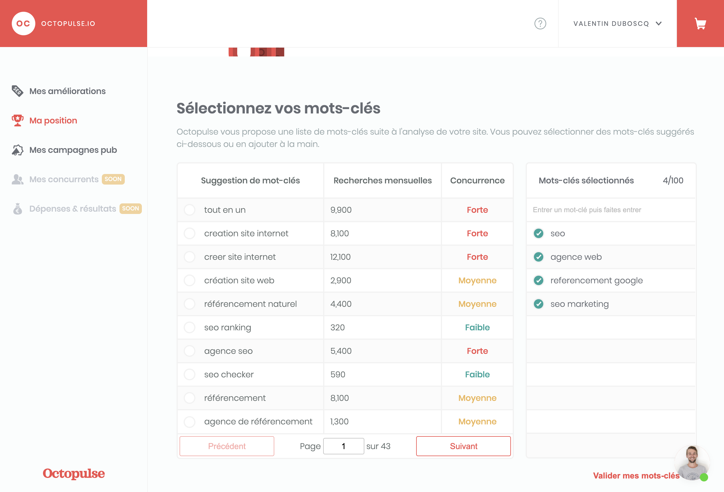 octopulse screenshot rank tracker select keywords page